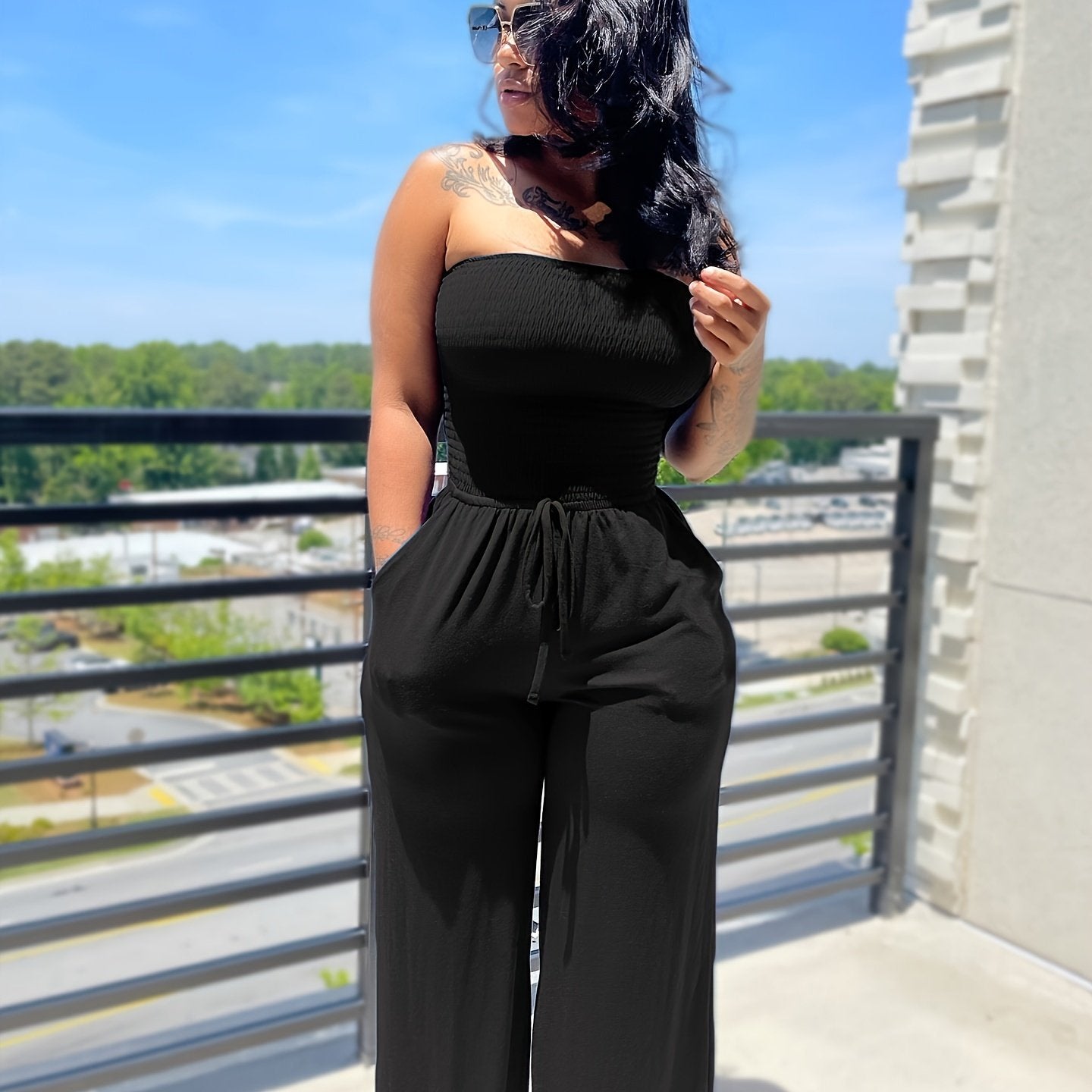 Sleeveless Waffle Pattern Solid Color Sash Belted Women's Tube Top Jumpsuit