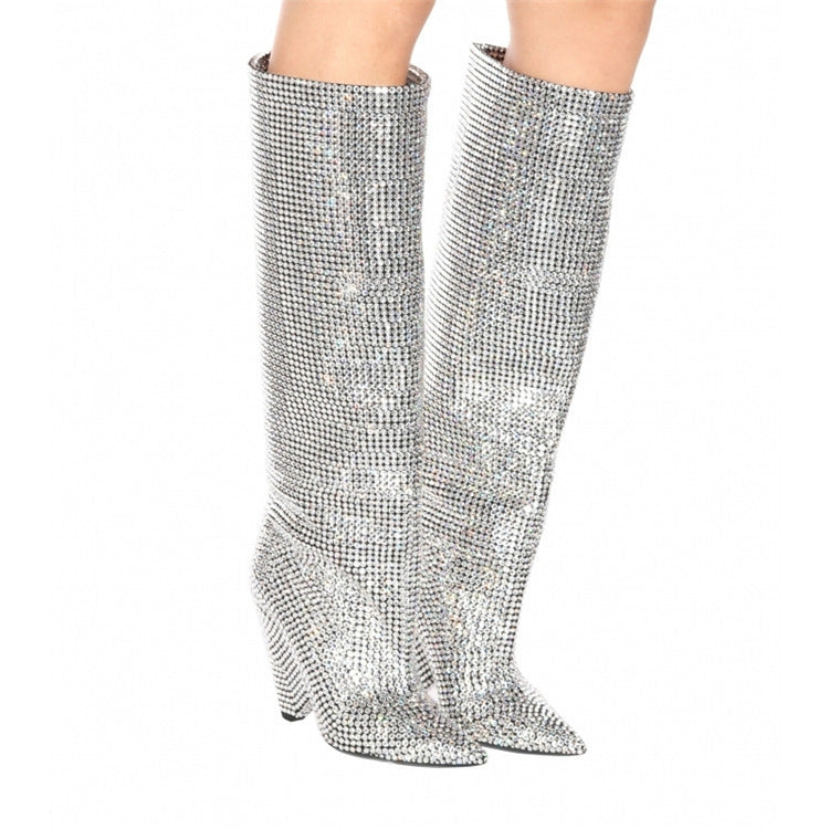 Silver/Black Diamond Metallic Sparkling Rhinestone High Heel Pointed Toe Knee-High Boots