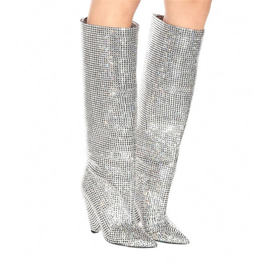 Silver/Black Diamond Metallic Sparkling Rhinestone High Heel Pointed Toe Knee-High Boots