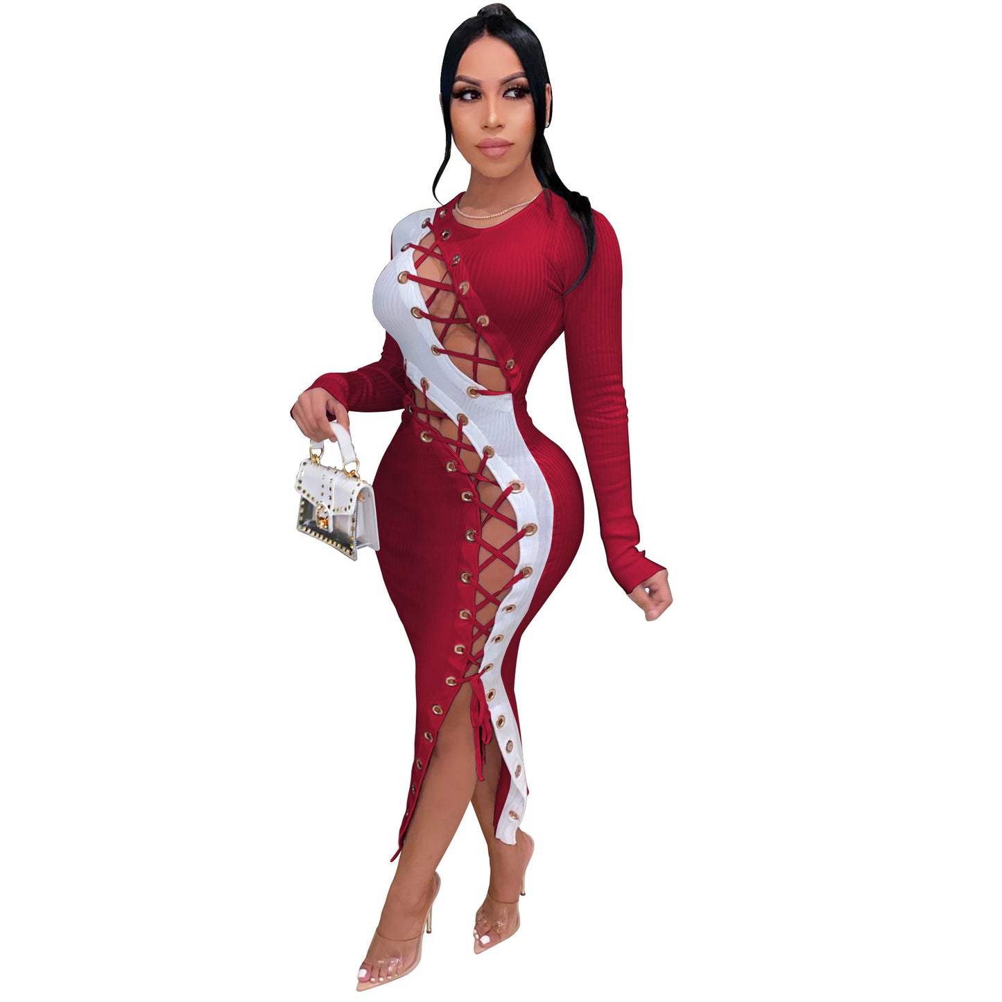 Colorblock/Solid Color Lace-Up Pattern Long Sleeve Skin Tight Hollow-Out Bodycon Dress