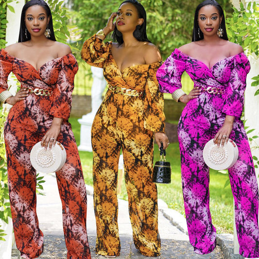 Floral Print Puff Sleeve Off-the-Shoulder V-Neck Long Sleeve Jumpsuit