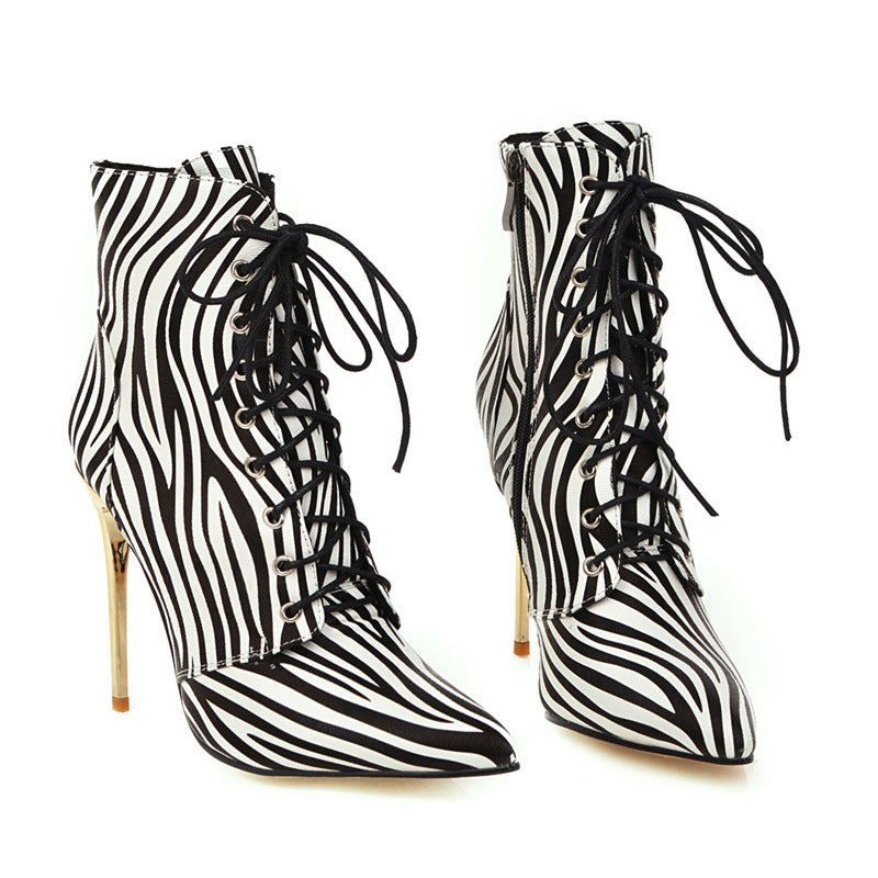 Zebra Print Women's Lace-Up Pointed Toe Gold Metal Stiletto Heel Martin Ankle Boots