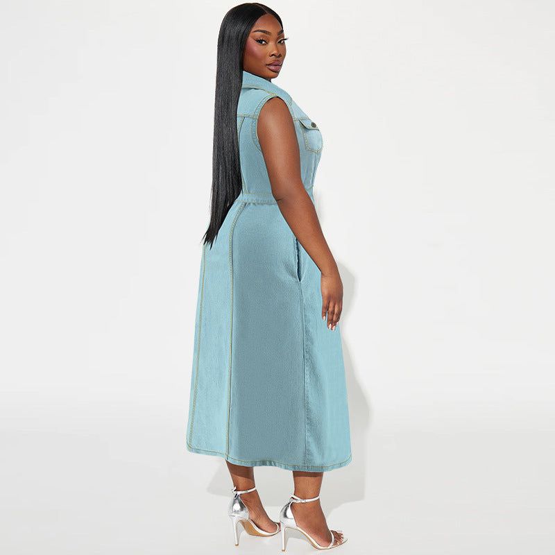 Denim Sleeveless Light Blue Washed Turn-Down Collar Button-Up Sash Belt Maxi Jean Dress to 5X Plus Size