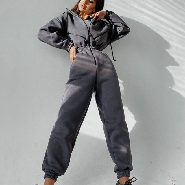 Drawstring Women's Elastic Waist Long Sleeve Hoodie Jumpsuit