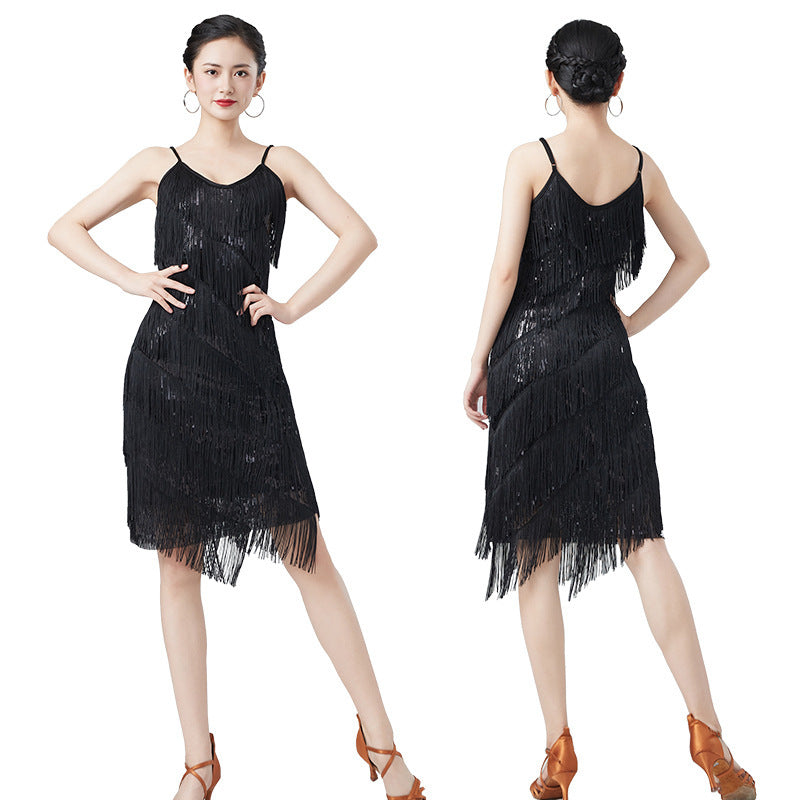 Sparkling Metallic Mesh Tiered Layered Sequin Tassel Fringe Decor Formal Swing Dancer Dress to 3X Plus Size