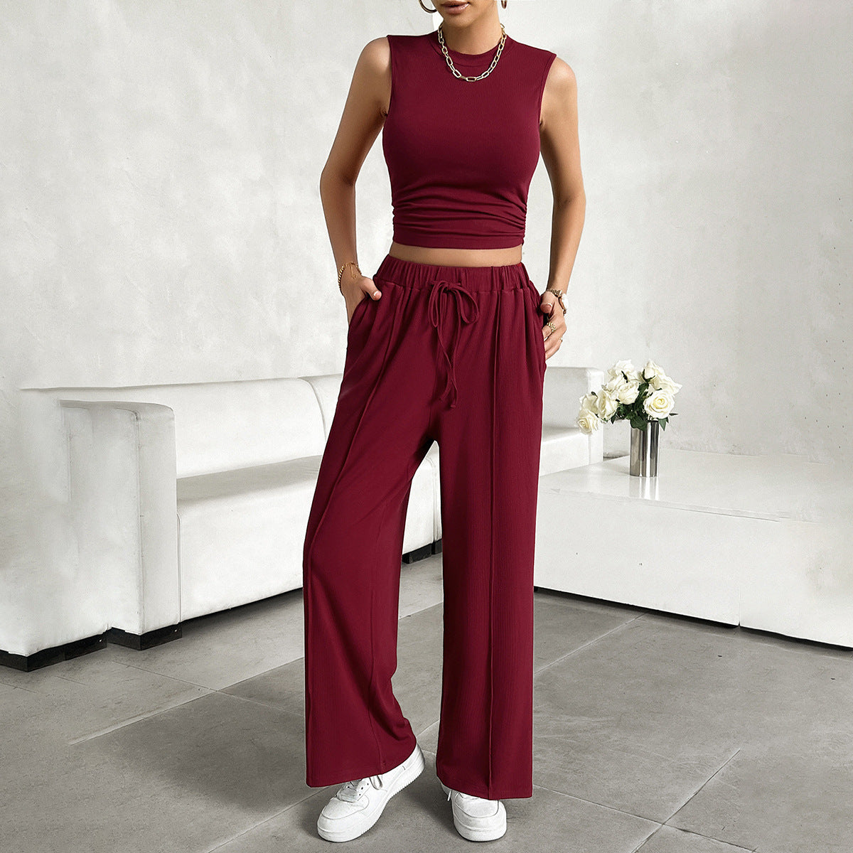 Sleeveless Solid Color Vest + Drawstring Pants Women's Casual 2-Piece Set