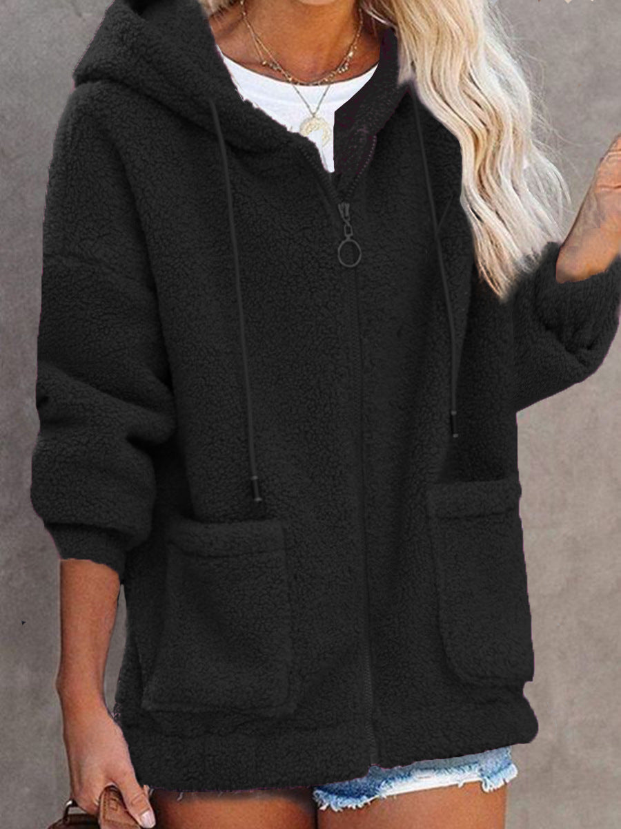 Fleece Solid Color Loose Women's Zipper Hoodie Jacket