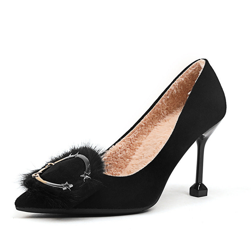 Faux Fur Gold Pendant Design Women's Pointed Toe High Heel Pumps