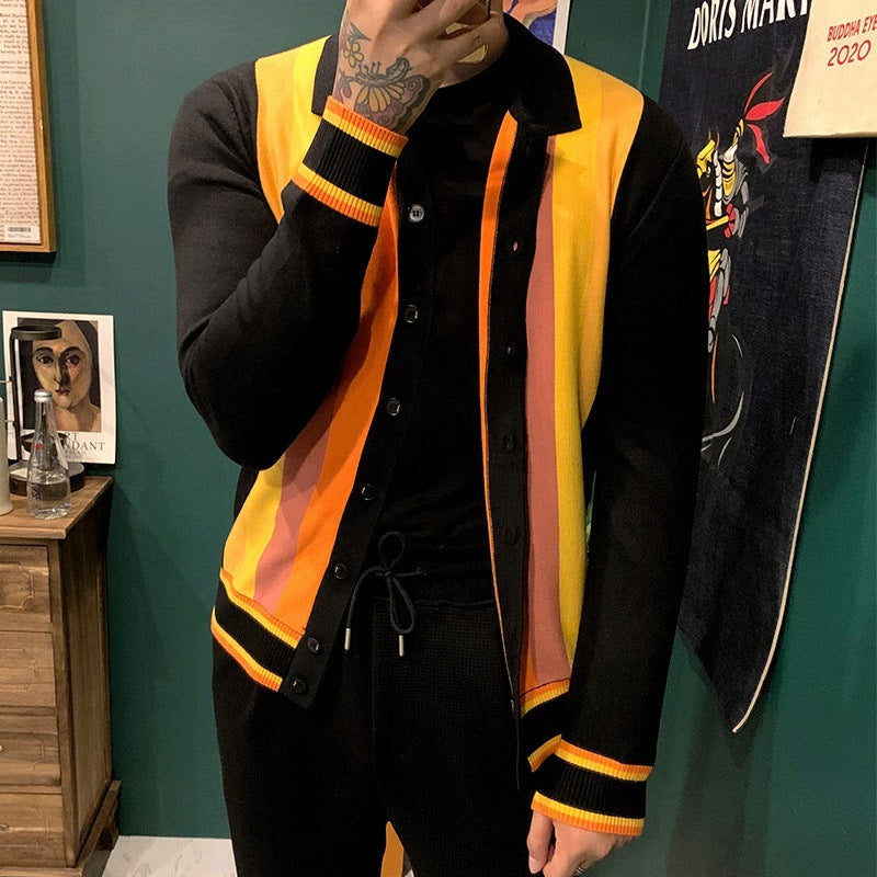 Men's Striped Colorblock Turn-Down Collar Button-Up Sweater