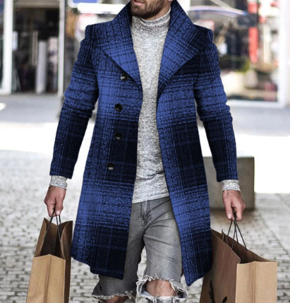 Men's Plaid/Solid Color Turn-Down Collar Button-Up 3/4 Length Pea Coats