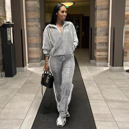 Side Striped Sparkling Glitter Women's Sports Zipper Jacket + Sweatpants Tracksuit to 3X Plus Size