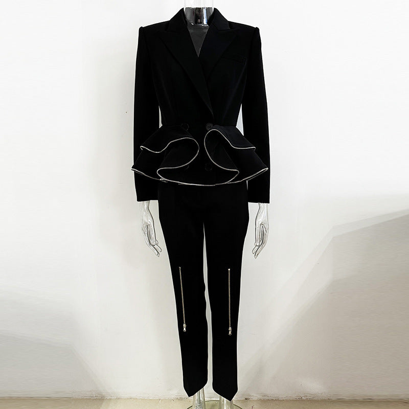 Black Ruffled Hem Women's Blazer Jacket + Zipper Design Skinny Pants Formal Suit