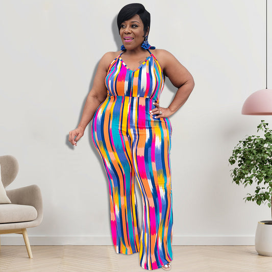Sleeveless Rainbow Pastel Geometric Print Backless Women's Jumpsuit to 5X Plus Size