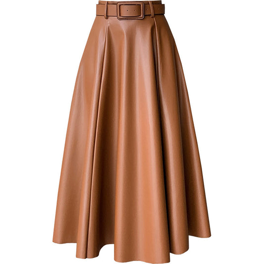 Flared Belted PU Leather A- Line High Waist Midi Skirt