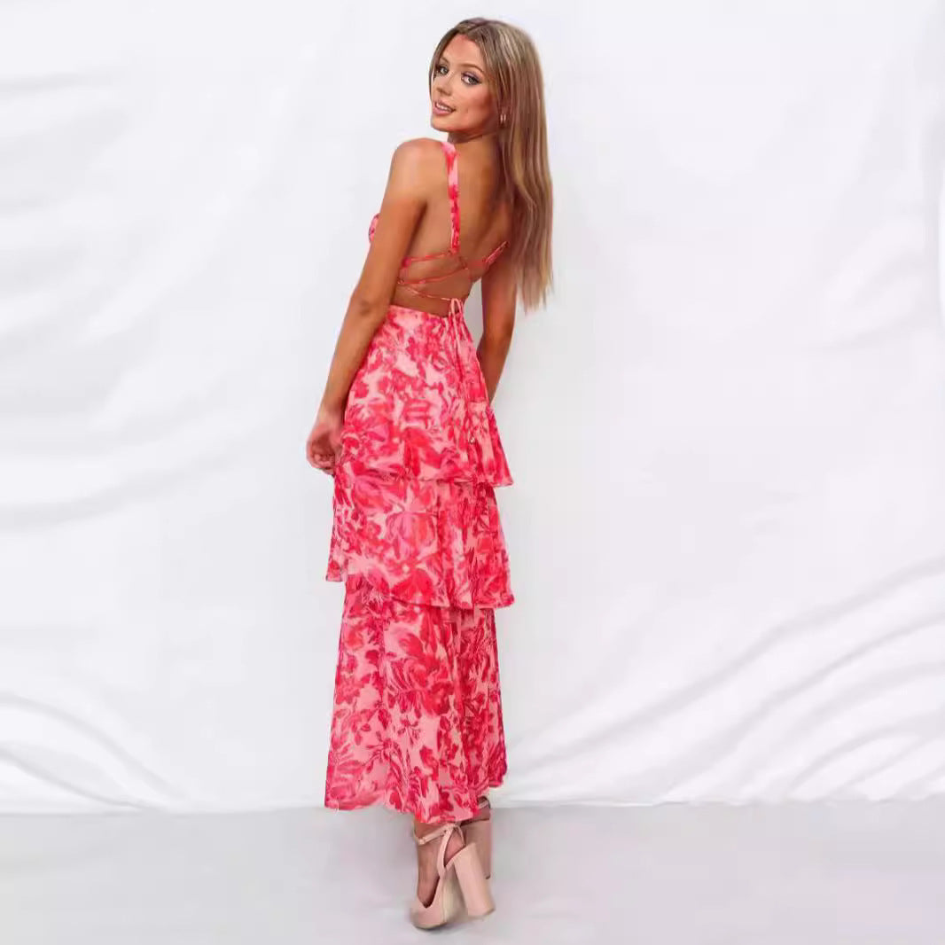 Floral Print Temperament Tiered Sleeveless Fairy Maxi Dress