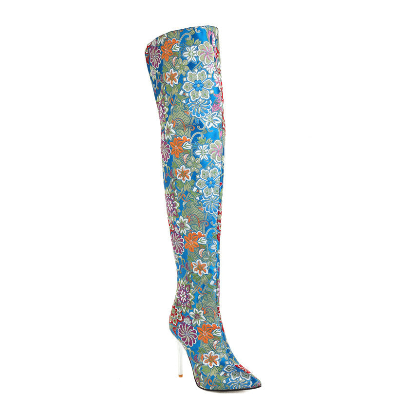 70's Flower Embroidered Pointed Toe Stiletto Heel Back Zipper Over-the-Knee Boots