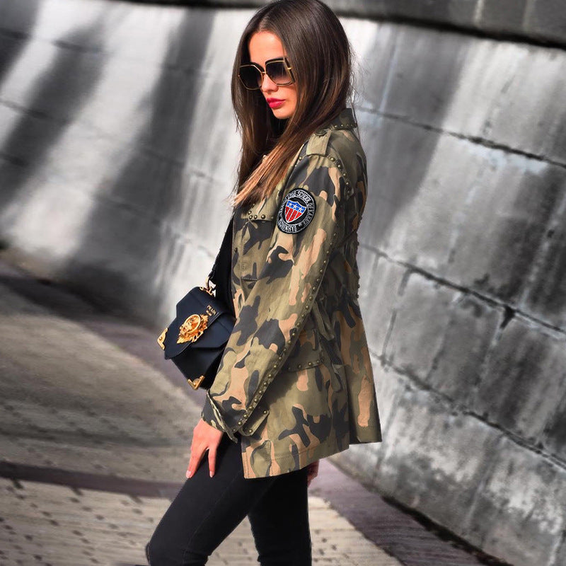 Camoflauge Print Rivet Embellished Turn-Down Collar Women's Button-Up Jacket to 5X Plus Size