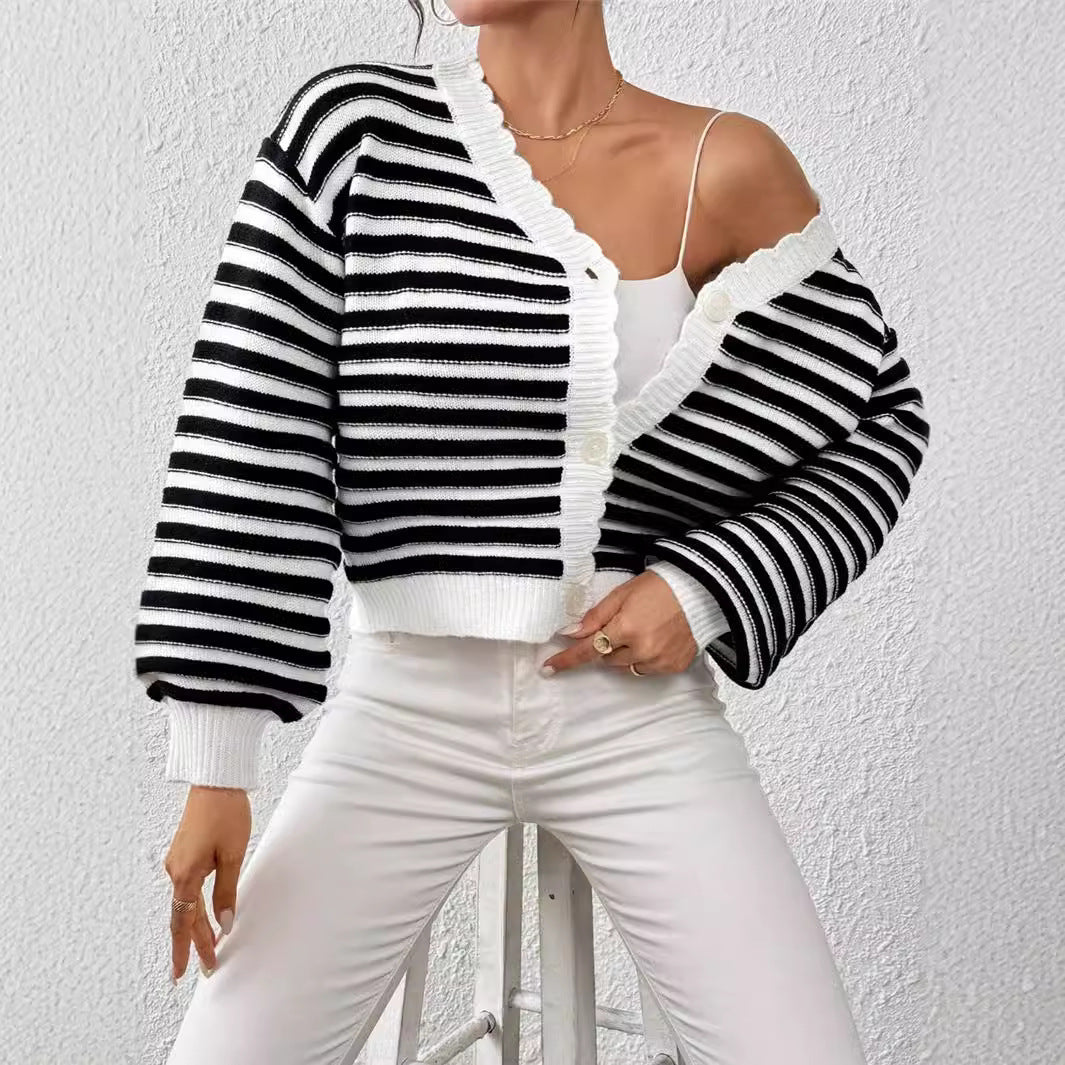 Rainbow Striped Long Lantern Sleeve Knitted Button-Up Cardigan Colorblock Women's Sweater