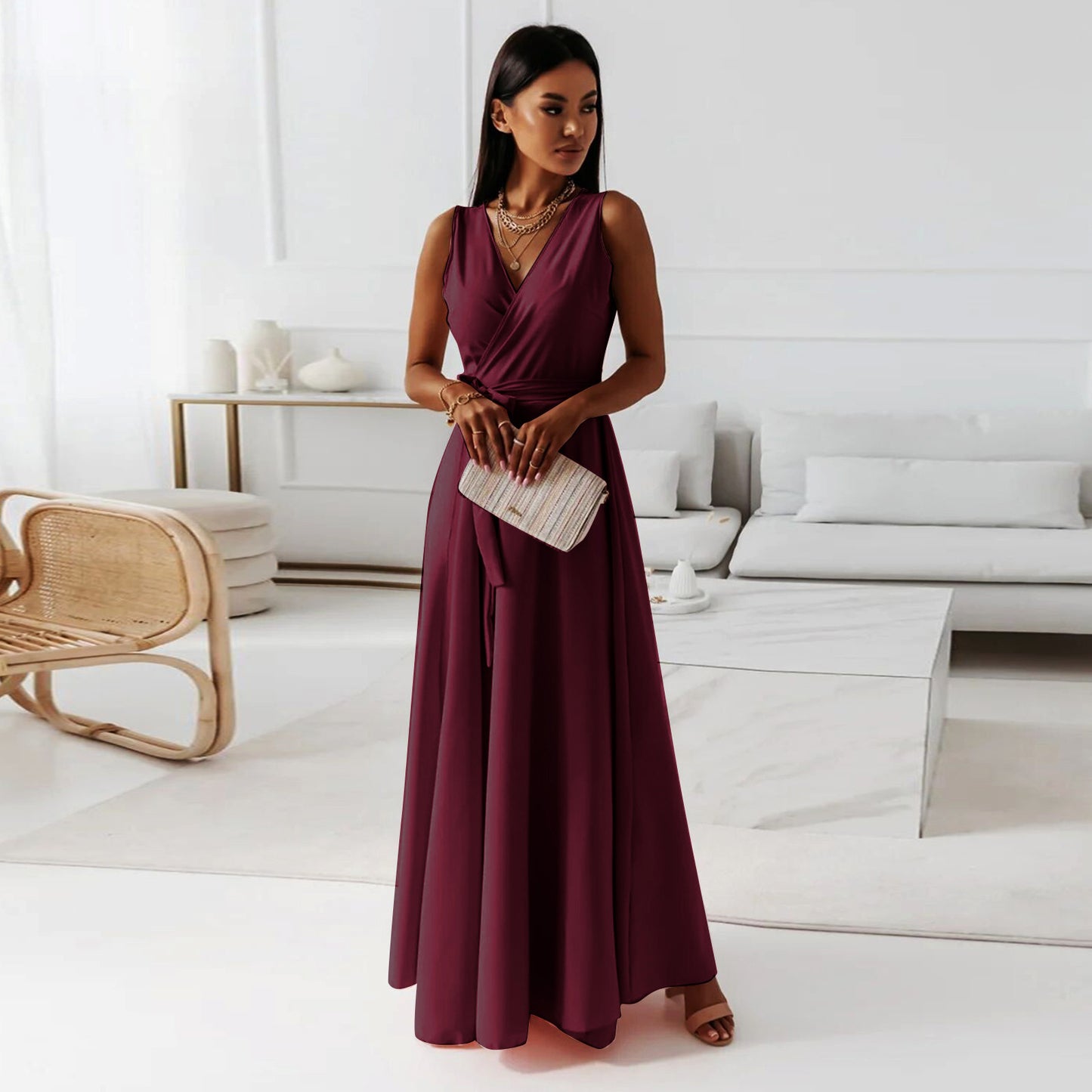 Solid Color V-Neck Sleeveless Belted Party Evening Maxi Wrap Dress