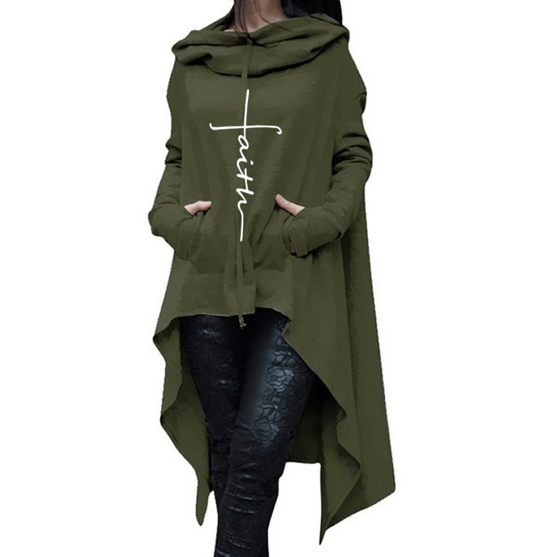 "Faith" Letter Print Women's Long Sleeve Embroidered Irregular Cloak Hoodie Maxi Sweater to 5X Plus Size