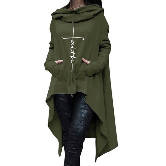 "Faith" Letter Print Women's Long Sleeve Embroidered Irregular Cloak Hoodie Maxi Sweater to 5X Plus Size