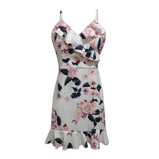 White/Pink Sleeveless Floral Print V-Neck Mini Sundress