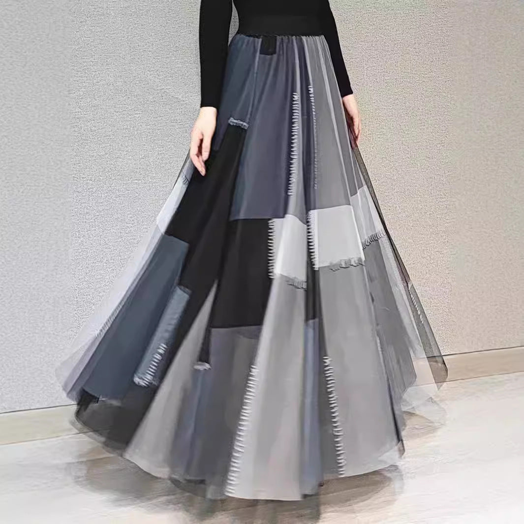 Oversized Mesh Sheer Plaid Colorblock Flared Maxi Big Swing Skirt
