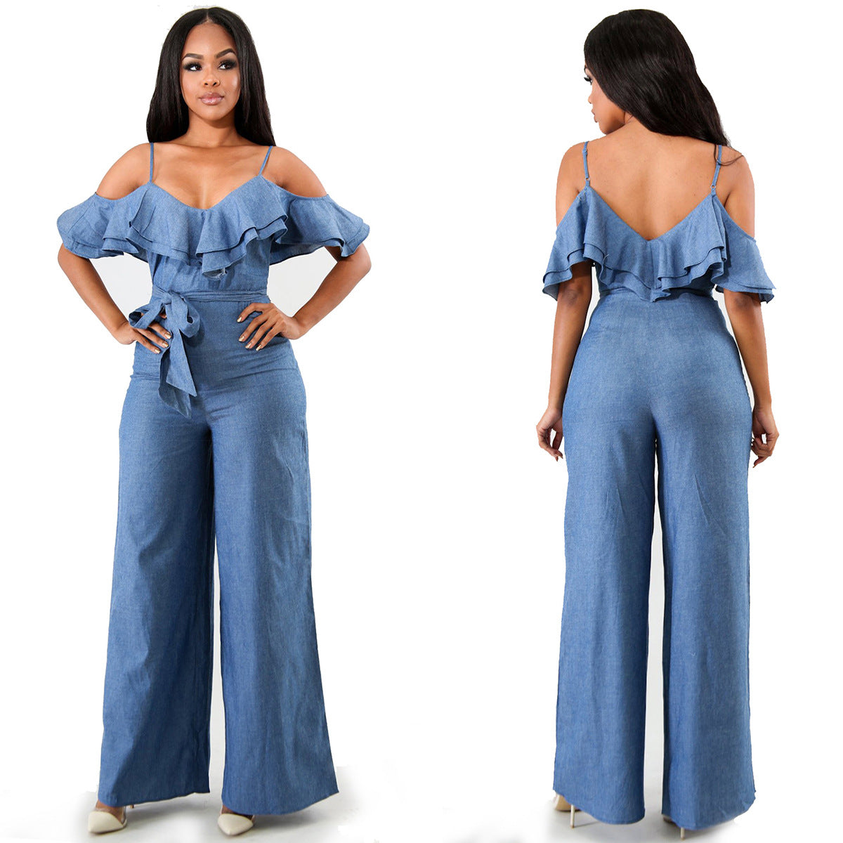 Off-the-Shoulder Denim Blue Spaghetti Strap Ruffled Bowknot Sash Belt Design Women's Jeans Jumpsuit