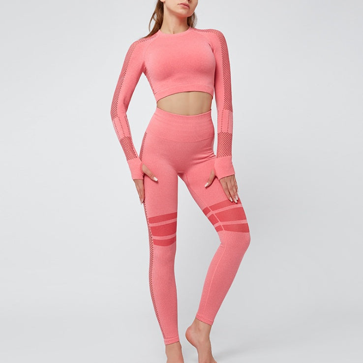 Seamless Long Sleeve Women's Fitness Long Sleeve Shirt + Striped Skinny Leggings 2-Piece Yoga Set
