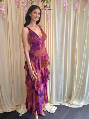 Tiered Sleeveless Floral Print Backless Multi-Layer V-Neck Maxi Dress