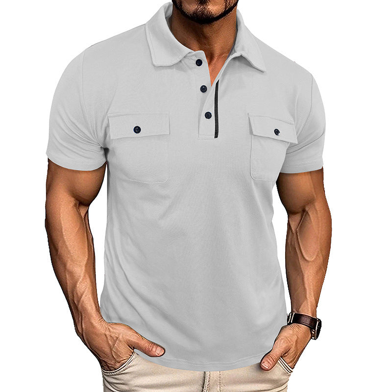 Men's Double Pocket Solid Color Button-Up Turn-Down Collar Polo Shirts