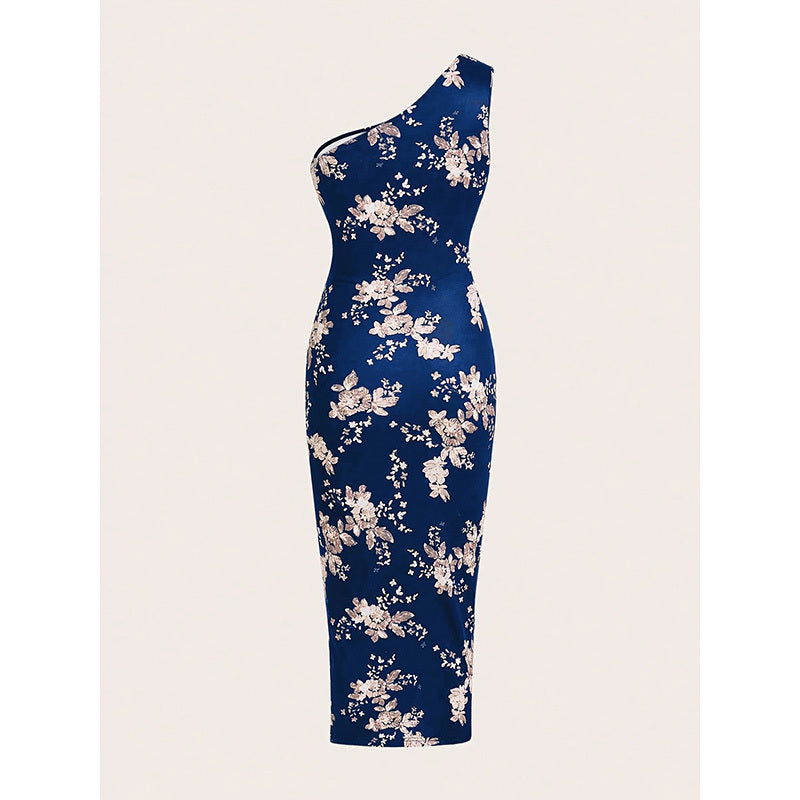 Ruched Floral Print One Shoulder Bodycon High Slit Maxi Dress
