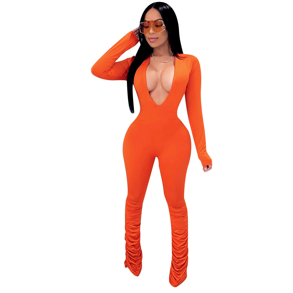 Skin Tight Deep V-Neck Women's Long Sleeve Solid Color Jumpsuit to 3X Plus Size