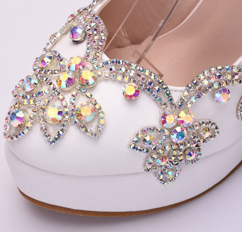 White Rhinestone Silver Metallic Embroidered OR Open Toe Floral Slingback Ankle Strap High Heel Women's Bridal Wedding Pumps & Sandal Pumps