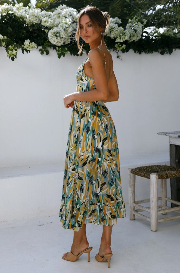 Bohemian Geometric Floral Print Spaghetti Strap High Slit Backless Maxi Sundress