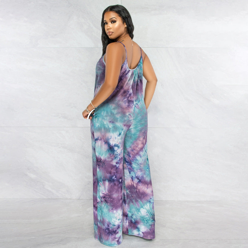Tie-Dye Print Sleeveless Wide Leg Spaghetti Strap Women's Harem Jumpsuit to 5X Plus Size