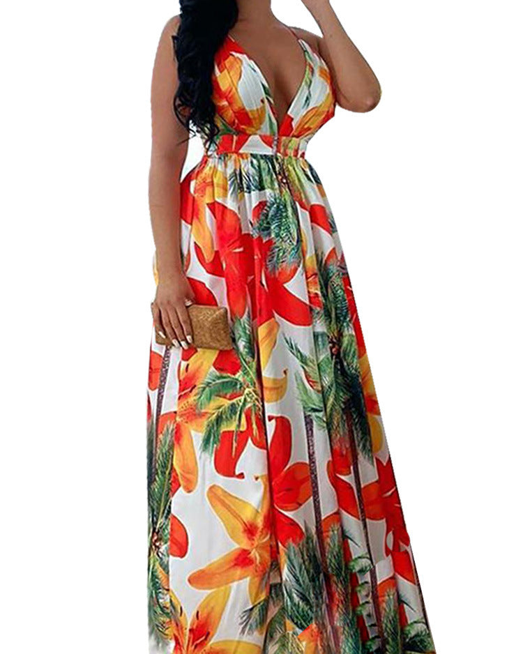 Floral Tropical Hawaiian Print V-Neck Sleeveless Backless Cross-Strap Maxi Dress