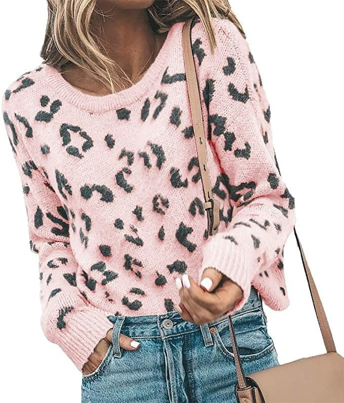 Leopard Print O-Neck Women's Long Sleeve Sweater