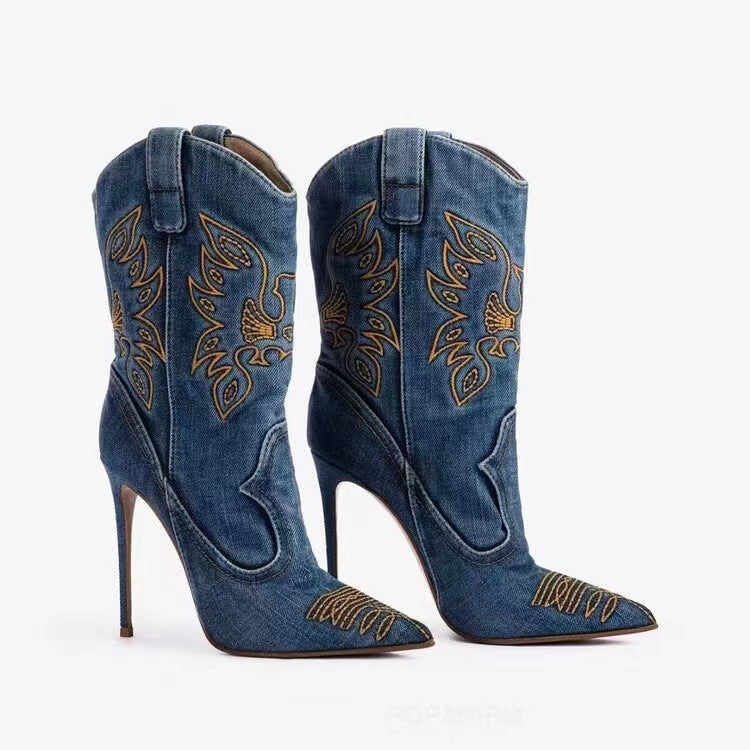 Western Denim/PU Leather Embroidered Stiletto Heel Women's Ankle Boots