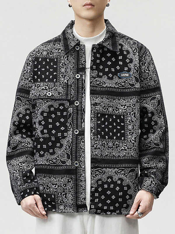Men's Denim Hip-Hop Paisley Bandana Print Turn-Down Collar Button-Up Jean Jacket