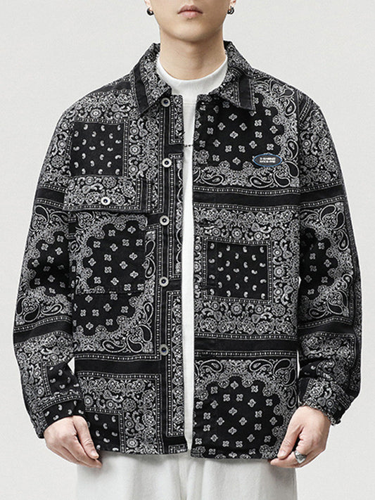 Men's Denim Hip-Hop Paisley Bandana Print Turn-Down Collar Button-Up Jean Jacket