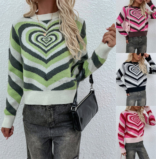 Heart Striped Colorblock Women's Pullover Long Sleeve Sweater