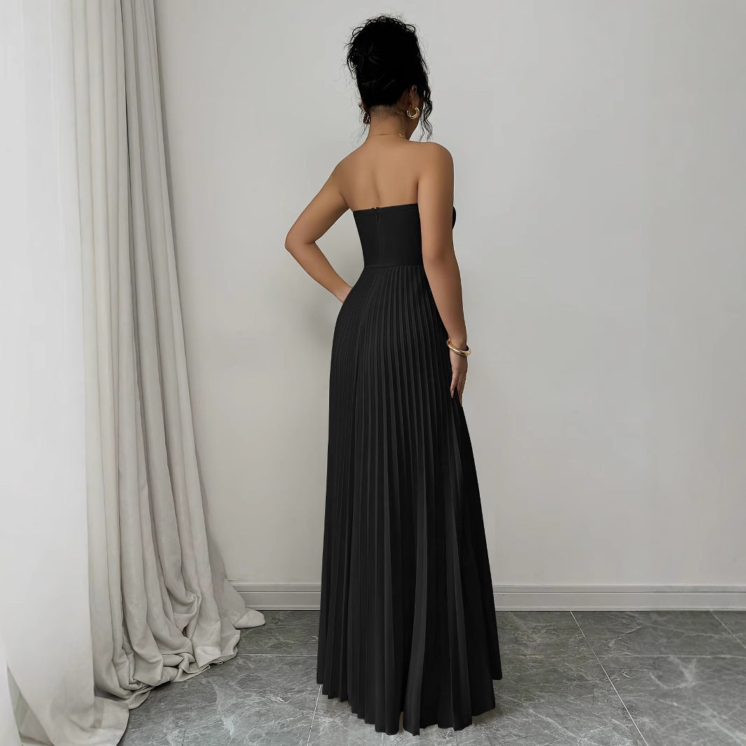 French Sleeveless Pleated Closet Top Solid Color Maxi Formal Tube Dress