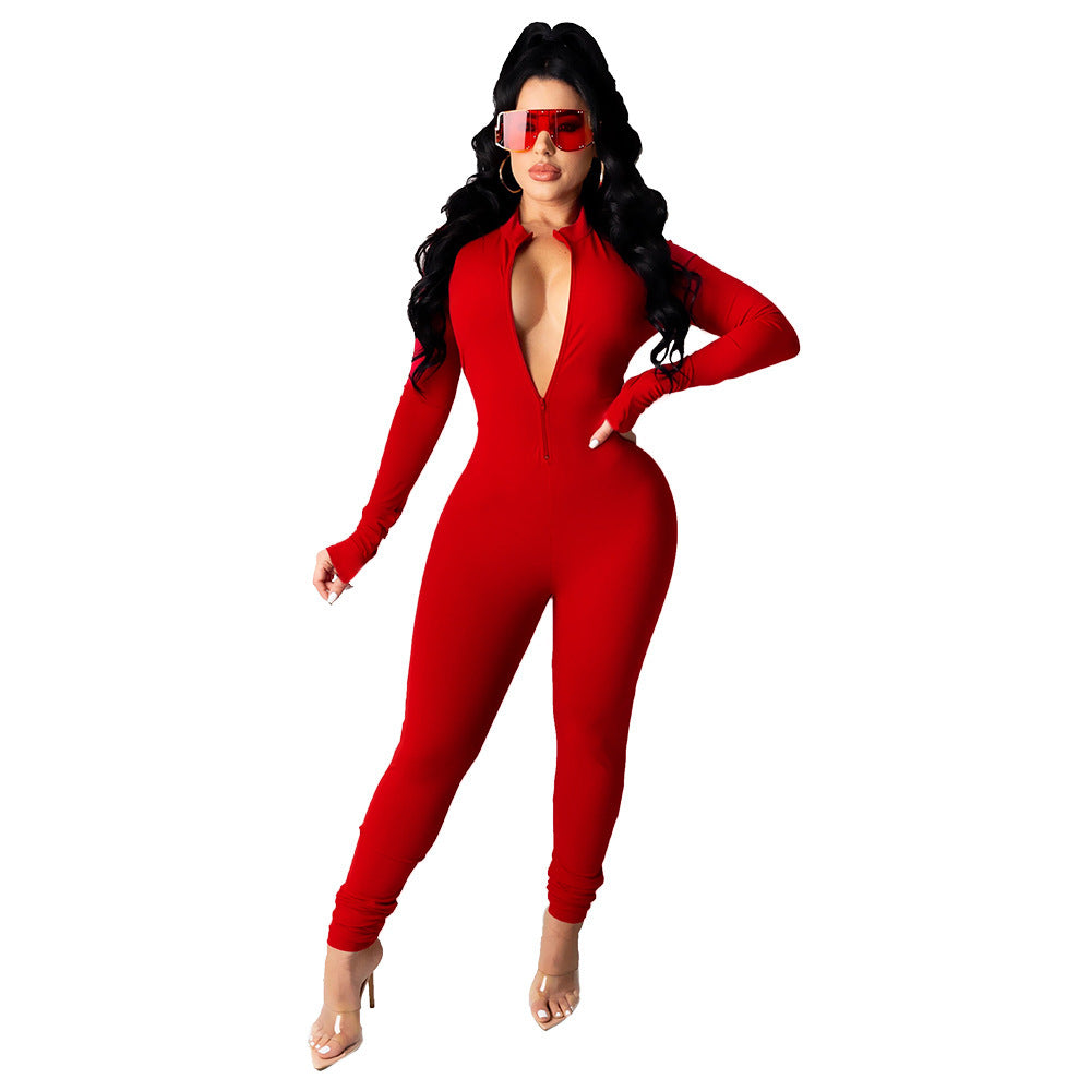 Fitness Workout Deep V-Neck Women's Long Sleeve Bodycon Solid Color Skin Tight Jumpsuit