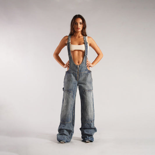 Faded Denim Pocketed Loose Suspender Streetwear Women's Overall Jeans Jumpsuit