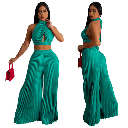 Pleated Women's Halter Silky Crop Top + Elastic Waist Wide Leg Pants 2-Piece Set