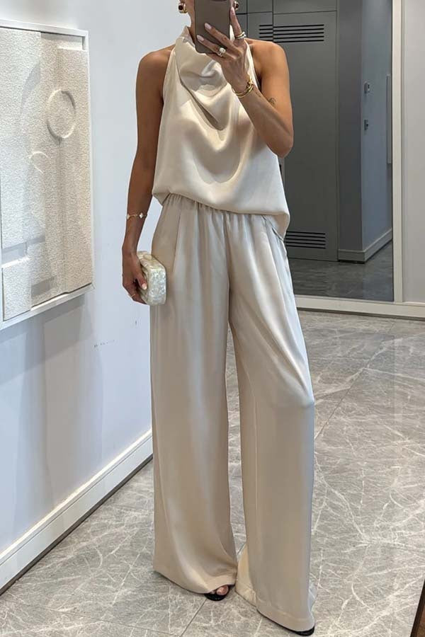 Satin Draped Women's Solid Color Sleeveless Vest + Pants 2-Piece Set