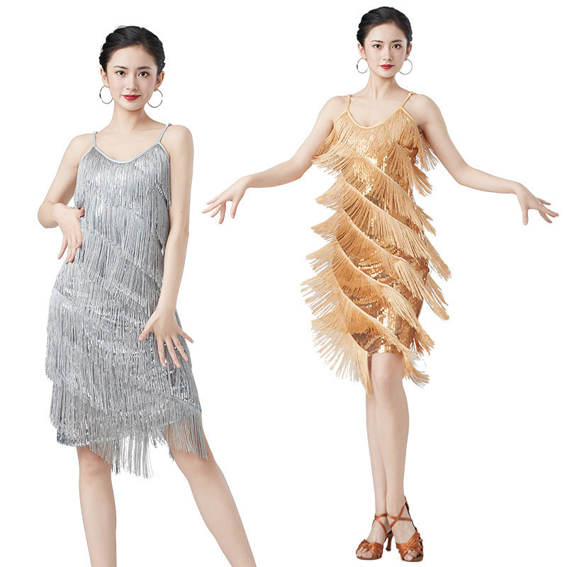 Sparkling Metallic Mesh Tiered Layered Sequin Tassel Fringe Decor Formal Swing Dancer Dress to 3X Plus Size