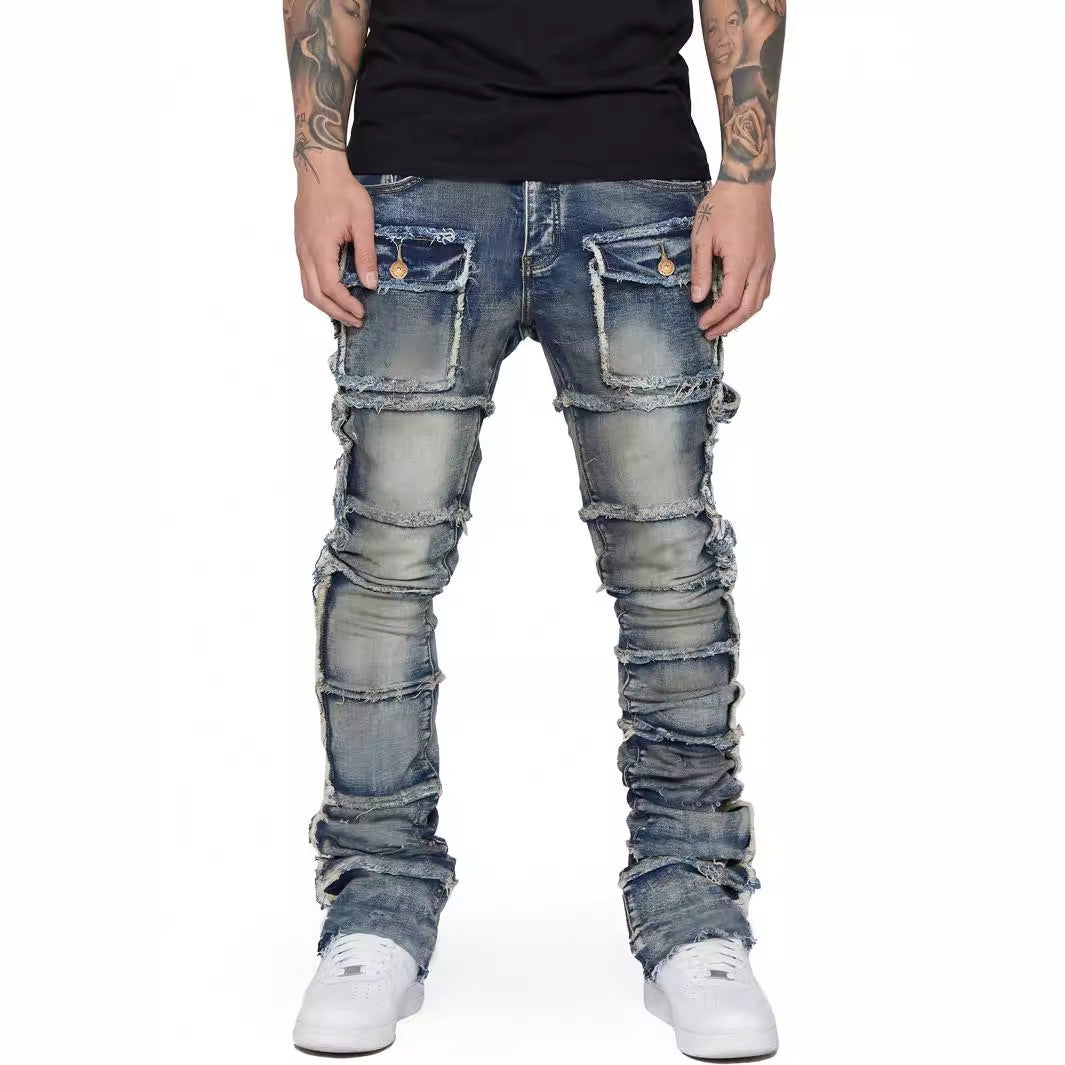 Men's Faded Denim Hip-Hop Tiered Ripped Fringe  Multi-Pocketed Skinny Cargo Jeans