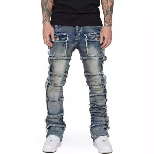 Men's Faded Denim Hip-Hop Tiered Ripped Fringe  Multi-Pocketed Skinny Cargo Jeans